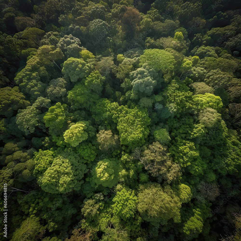 an aerial view of the forest from above, looking down on some trees and plants in the area is covered with thick green foliage. Generative Ai