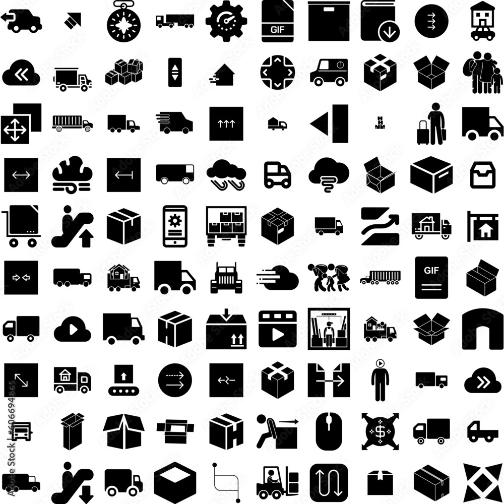Collection Of 100 Moving Icons Set Isolated Solid Silhouette Icons Including New, House, Relocation, Cardboard, Move, Apartment, Home Infographic Elements Vector Illustration Logo