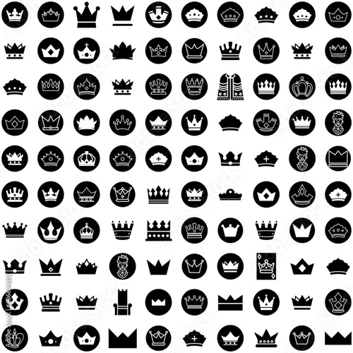 Collection Of 100 Monarchy Icons Set Isolated Solid Silhouette Icons Including Royal, Monarchy, Monarch, King, Crown, Royalty, Queen Infographic Elements Vector Illustration Logo