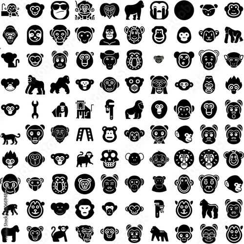 Collection Of 100 Monkey Icons Set Isolated Solid Silhouette Icons Including Illness, Monkeypox, Rash, Monkey, Pox, Infection, Animal Infographic Elements Vector Illustration Logo