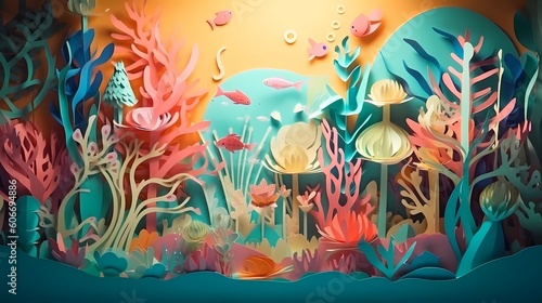 Illustration of underwater scene with coral reef and fish. paper cut and craft style illustration. Ai generative