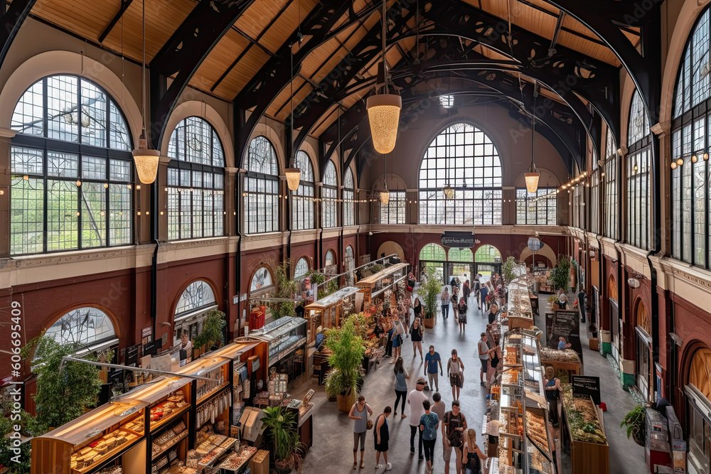 Φωτογραφία the inside of a train station with people walking through it and lots of windows in the building are very large