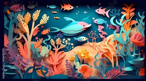 Illustration of underwater scene with coral reef and fish. paper cut and craft style illustration. Ai generative © serdjo13