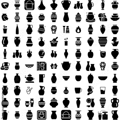 Collection Of 100 Pottery Icons Set Isolated Solid Silhouette Icons Including Craft, Handmade, Pottery, Ceramic, Art, Workshop, Clay Infographic Elements Vector Illustration Logo