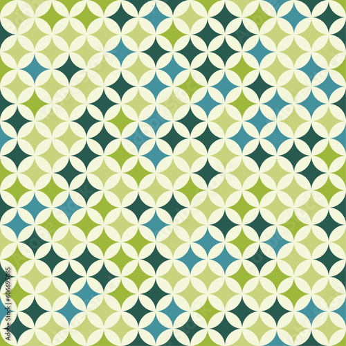Contemporary geometric seamless mid-century pattern with simple retro shapes, stars and circles. Abstract vector background of green and bluetones on a light green background.