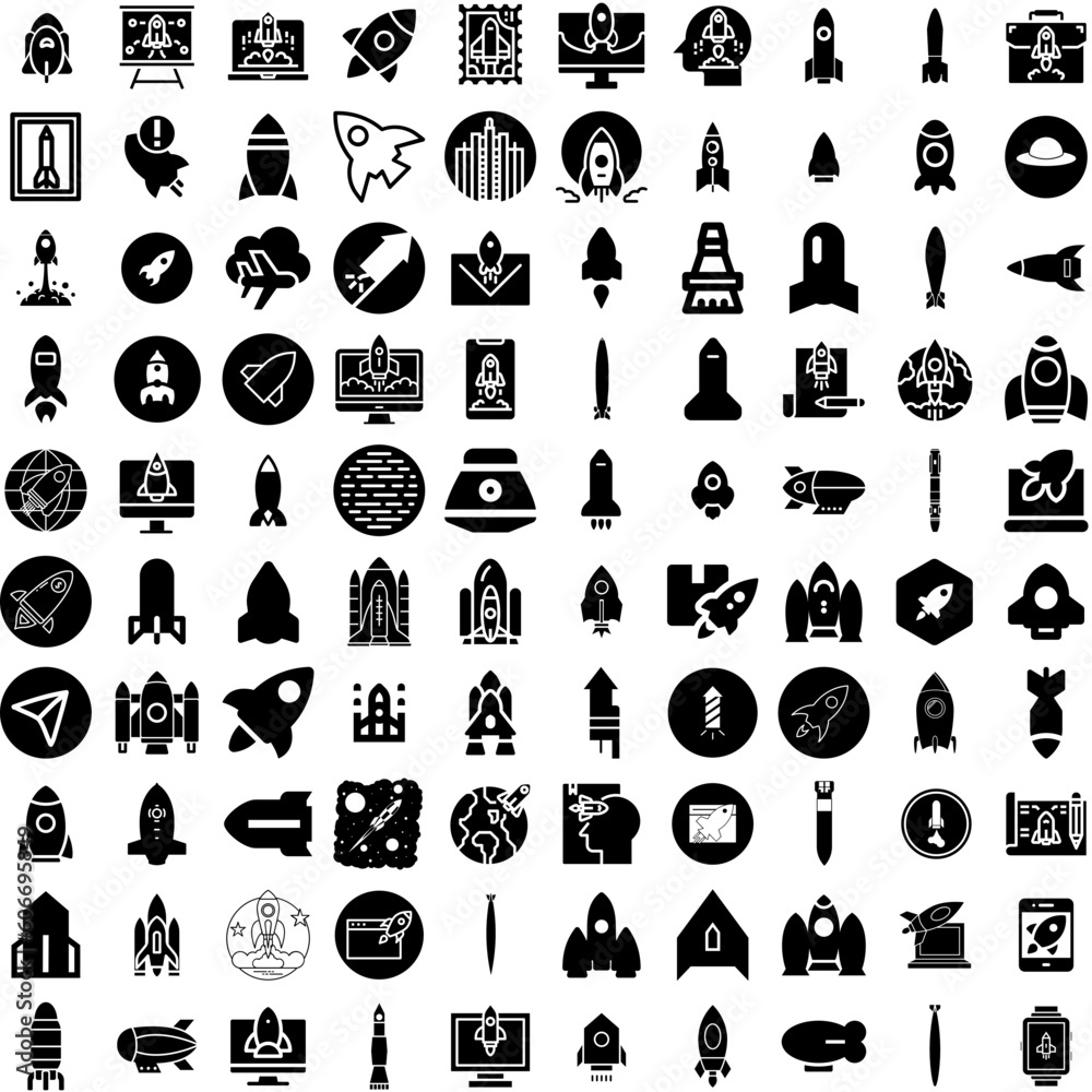 Collection Of 100 Rocket Icons Set Isolated Solid Silhouette Icons Including Ship, Science, Space, Rocket, Launch, Spaceship, Technology Infographic Elements Vector Illustration Logo