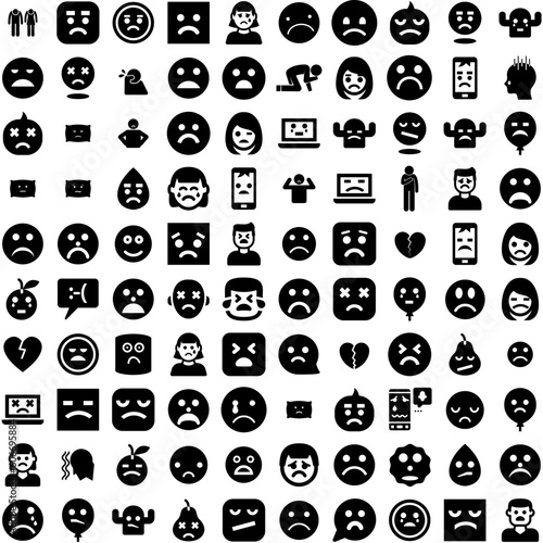 Collection Of 100 Sadness Icons Set Isolated Solid Silhouette Icons Including Sad, Face, Depressed, Adult, People, Emotion, Person Infographic Elements Vector Illustration Logo