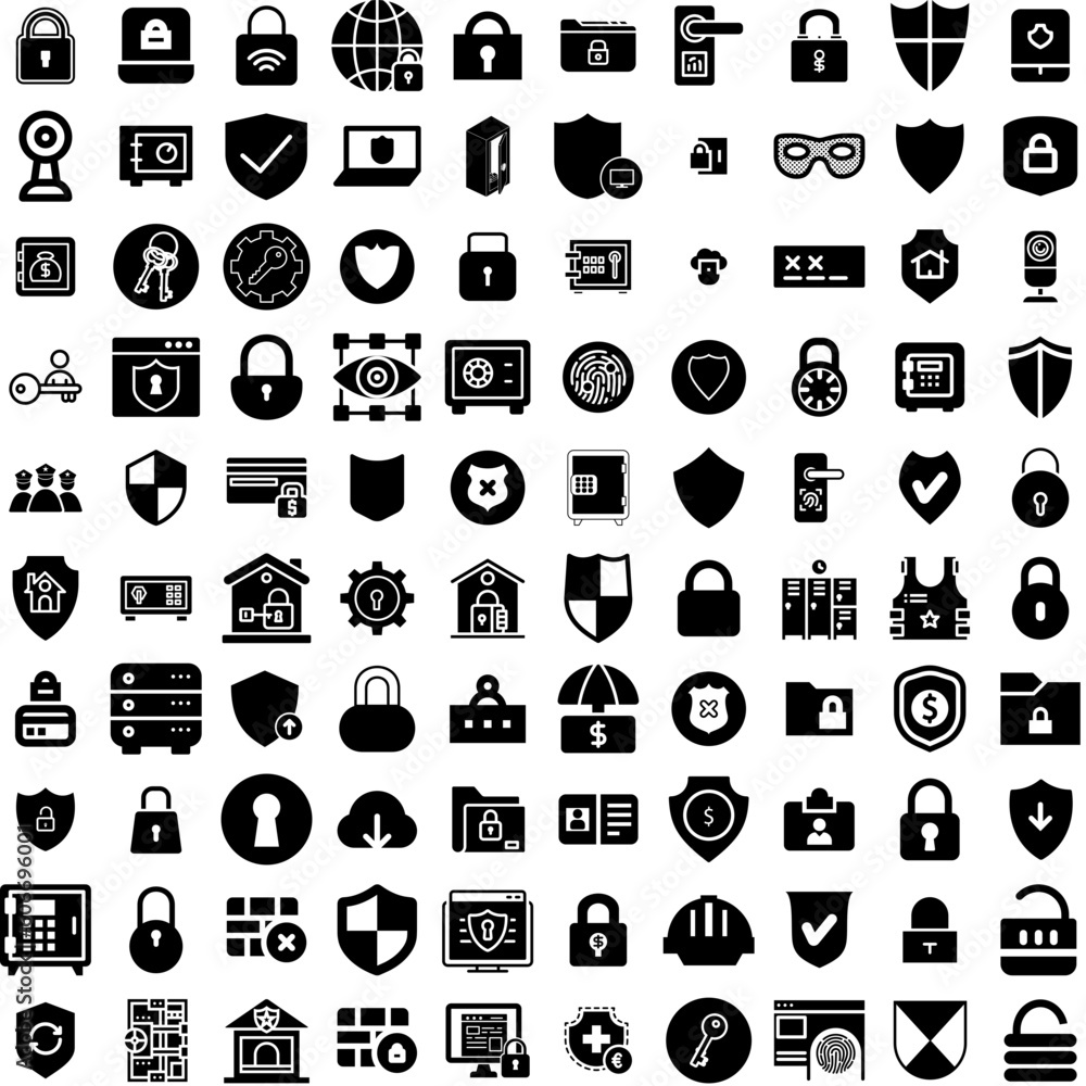 Collection Of 100 Security Icons Set Isolated Solid Silhouette Icons Including Privacy, Secure, Technology, Protection, Internet, Security, Computer Infographic Elements Vector Illustration Logo