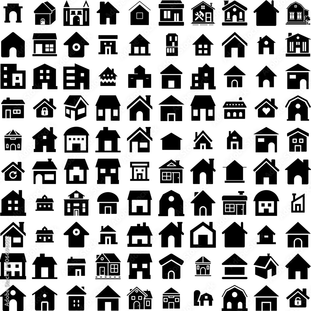 Collection Of 100 Shack Icons Set Isolated Solid Silhouette Icons Including Home, Background, Shack, Vector, Travel, Wooden, House Infographic Elements Vector Illustration Logo