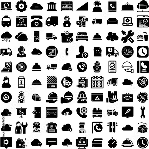 Collection Of 100 Service Icons Set Isolated Solid Silhouette Icons Including Support, Service, Customer, Call, Person, Business, Office Infographic Elements Vector Illustration Logo