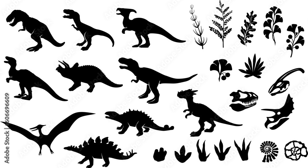 Dinosaur collection silhouettes. Vector design elements of ancient paleontology animals, plants and skulls