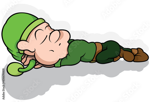 Tired Dwarf in Green Clothes Sleeping on the Ground