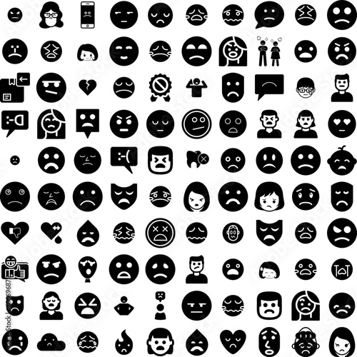 Collection Of 100 Unhappy Icons Set Isolated Solid Silhouette Icons Including Female, Depressed, Woman, Unhappy, Person, Sad, Problem Infographic Elements Vector Illustration Logo