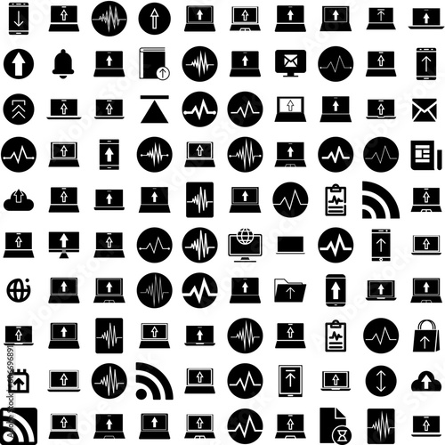 Collection Of 100 Updates Icons Set Isolated Solid Silhouette Icons Including Sign, Symbol, Internet, Update, Software, Icon, Upgrade Infographic Elements Vector Illustration Logo