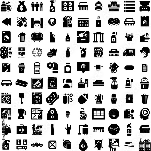 Collection Of 100 Cleaning Icons Set Isolated Solid Silhouette Icons Including Household  Clean  Work  Service  Wash  Cleaner  Hygiene Infographic Elements Vector Illustration Logo