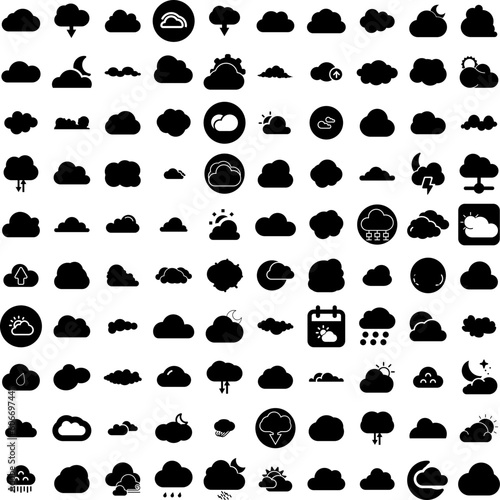 Collection Of 100 Cloudy Icons Set Isolated Solid Silhouette Icons Including Blue, Weather, Cloudy, Cloud, Nature, Background, Sky Infographic Elements Vector Illustration Logo