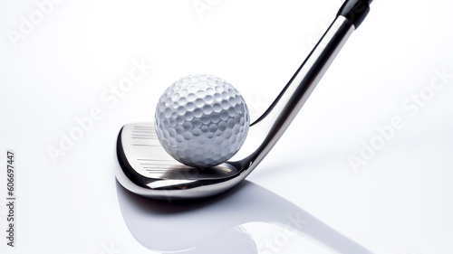 Close-up of a golf club and golf ball on white background. Generative AI.
