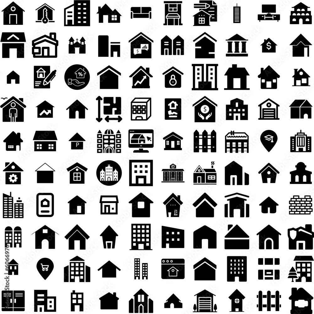 Collection Of 100 Estate Icons Set Isolated Solid Silhouette Icons Including Business, Home, Estate, Real, House, Property, Investment Infographic Elements Vector Illustration Logo