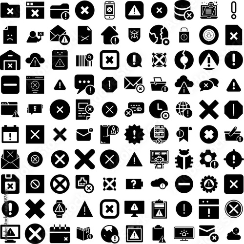 Collection Of 100 Error Icons Set Isolated Solid Silhouette Icons Including Problem, Message, Error, Icon, Web, Alert, Warning Infographic Elements Vector Illustration Logo