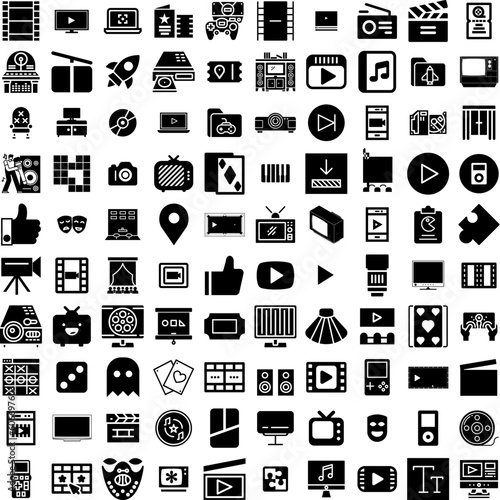 Collection Of 100 Entertainment Icons Set Isolated Solid Silhouette Icons Including Video, Sign, Icon, Entertainment, Music, Cinema, Illustration Infographic Elements Vector Illustration Logo
