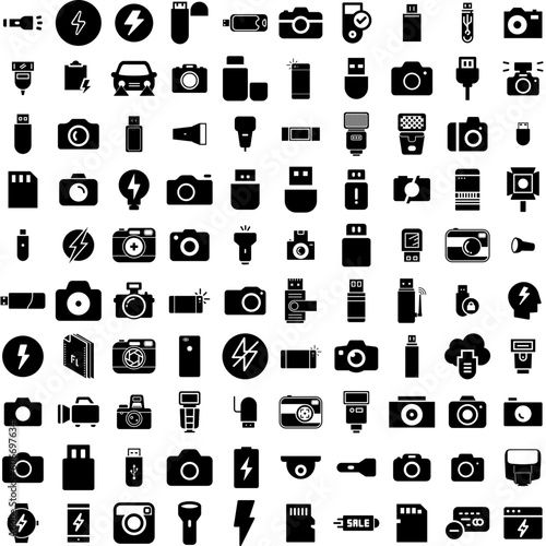 Collection Of 100 Flash Icons Set Isolated Solid Silhouette Icons Including Banner, Offer, Promotion, Vector, Price, Discount, Template Infographic Elements Vector Illustration Logo