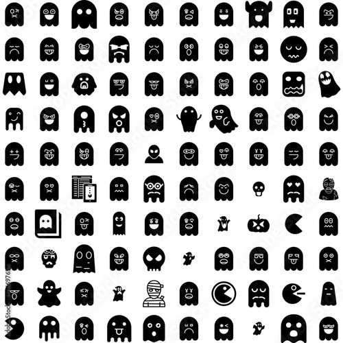 Collection Of 100 Ghost Icons Set Isolated Solid Silhouette Icons Including White, Death, Horror, Spooky, Ghost, Scary, Halloween Infographic Elements Vector Illustration Logo