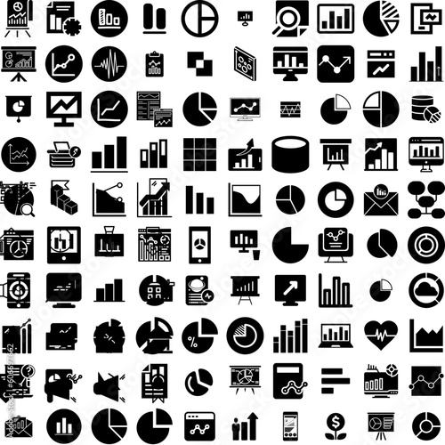 Collection Of 100 Graph Icons Set Isolated Solid Silhouette Icons Including Data, Business, Graph, Financial, Chart, Finance, Diagram Infographic Elements Vector Illustration Logo