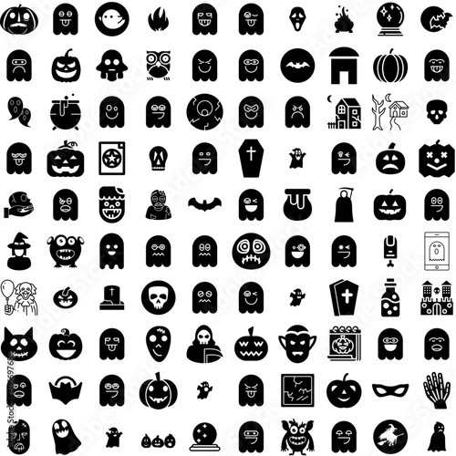 Collection Of 100 Halloween Icons Set Isolated Solid Silhouette Icons Including Background, Spooky, Horror, Vector, Pumpkin, Holiday, Halloween Infographic Elements Vector Illustration Logo
