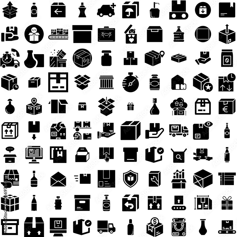 Collection Of 100 Package Icons Set Isolated Solid Silhouette Icons Including Product, Vector, Package, Set, Box, Pack, Packaging Infographic Elements Vector Illustration Logo