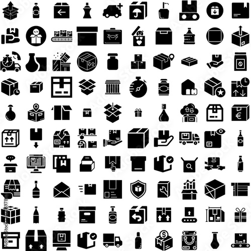 Collection Of 100 Package Icons Set Isolated Solid Silhouette Icons Including Product, Vector, Package, Set, Box, Pack, Packaging Infographic Elements Vector Illustration Logo