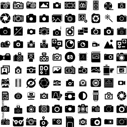 Collection Of 100 Photography Icons Set Isolated Solid Silhouette Icons Including Photo, Lens, Technology, Camera, Photographer, Photography, Equipment Infographic Elements Vector Illustration Logo