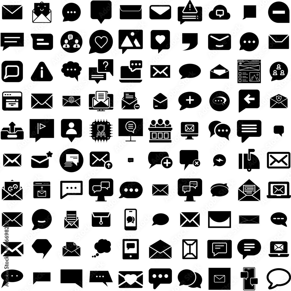 Collection Of 100 Message Icons Set Isolated Solid Silhouette Icons Including Communication, Illustration, Design, Icon, Vector, Message, Web Infographic Elements Vector Illustration Logo