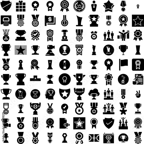 Collection Of 100 Winner Icons Set Isolated Solid Silhouette Icons Including Background, Banner, Vector, Win, Celebration, Prize, Winner Infographic Elements Vector Illustration Logo