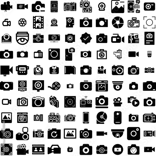 Collection Of 100 Camera Icons Set Isolated Solid Silhouette Icons Including Photography, Lens, Equipment, Photo, Digital, Illustration, Camera Infographic Elements Vector Illustration Logo