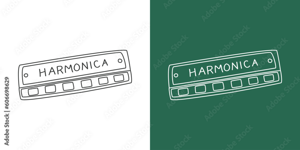 Harmonica line drawing cartoon style. Woodwind instrument harmonica