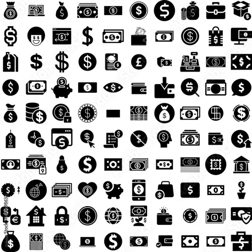 Collection Of 100 Dollar Icons Set Isolated Solid Silhouette Icons Including Banking, Dollar, Money, Currency, Business, Bank, Finance Infographic Elements Vector Illustration Logo