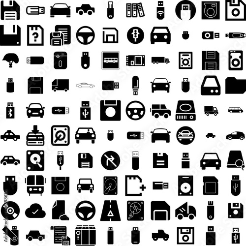 Collection Of 100 Drive Icons Set Isolated Solid Silhouette Icons Including Travel, Transportation, Transport, Car, Vehicle, Auto, Drive Infographic Elements Vector Illustration Logo
