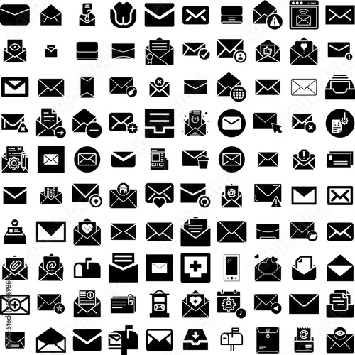 Collection Of 100 Email Icons Set Isolated Solid Silhouette Icons Including Vector, Web, Communication, Internet, Email, Mail, Message Infographic Elements Vector Illustration Logo