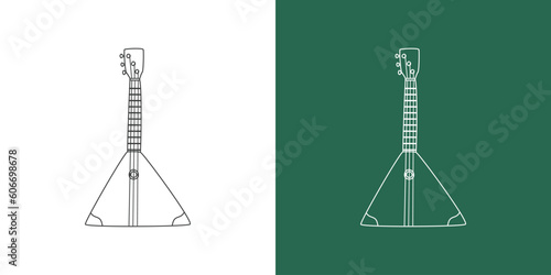 Balalaika line drawing cartoon style. Traditional Russian string instrument Balalaika clipart drawing in linear style isolated on white and chalkboard background. Musical instrument clipart concept