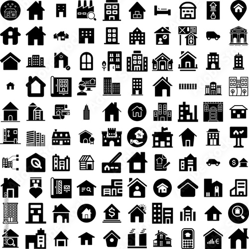 Collection Of 100 Estate Icons Set Isolated Solid Silhouette Icons Including Business, Estate, Investment, Home, Real, House, Property Infographic Elements Vector Illustration Logo