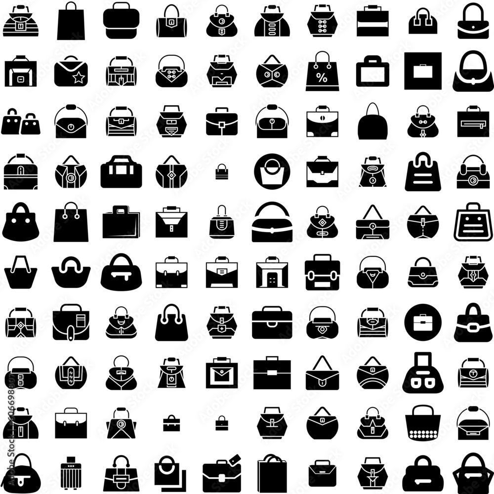 Collection Of 100 Handbag Icons Set Isolated Solid Silhouette Icons Including Bag, Stylish, Handbag, Fashion, Leather, Luxury, Purse Infographic Elements Vector Illustration Logo