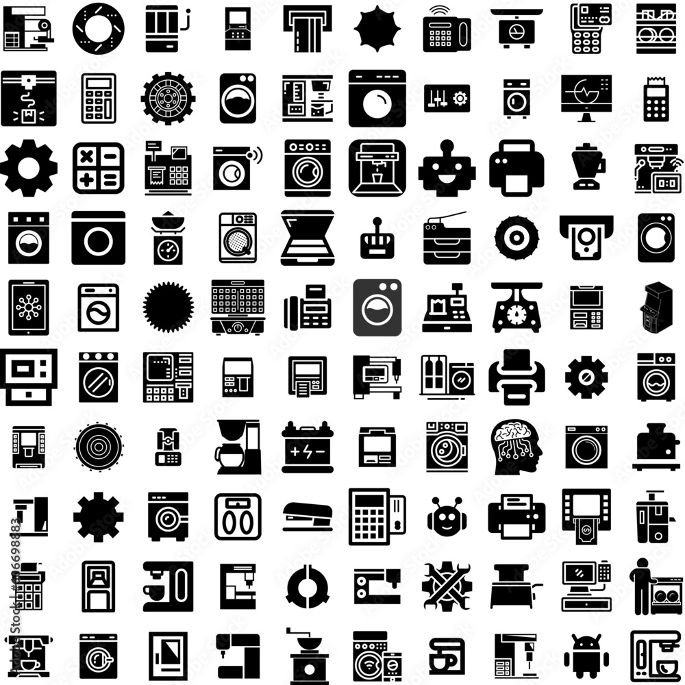 Collection Of 100 Machine Icons Set Isolated Solid Silhouette Icons Including Equipment, Isolated, Household, Technology, White, Machine, Background Infographic Elements Vector Illustration Logo