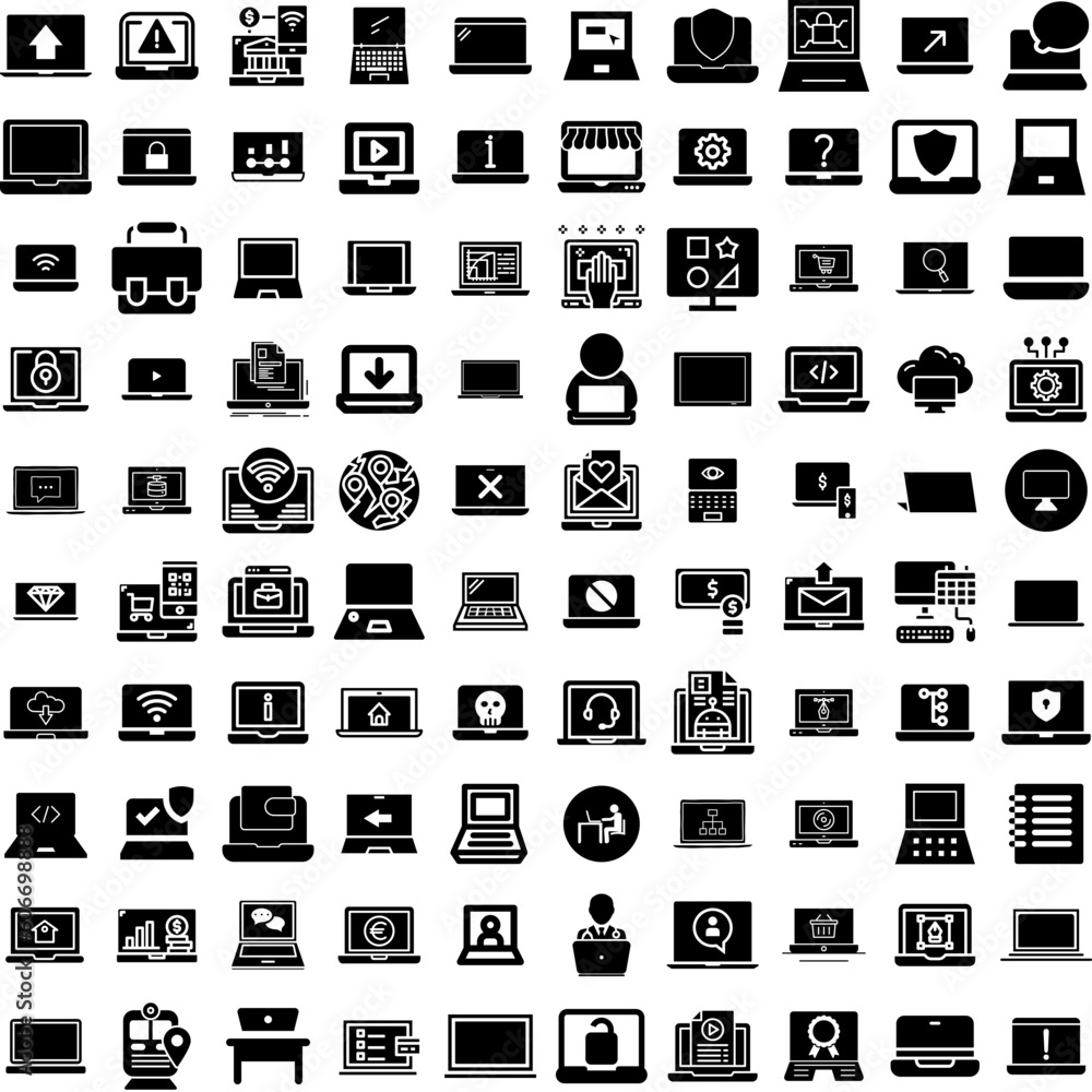 Collection Of 100 Laptop Icons Set Isolated Solid Silhouette Icons Including Laptop, Computer, Digital, Isolated, Notebook, Technology, Screen Infographic Elements Vector Illustration Logo