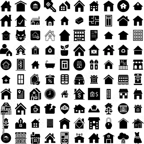 Collection Of 100 House Icons Set Isolated Solid Silhouette Icons Including Property, House, Architecture, Building, Home, Residential, Estate Infographic Elements Vector Illustration Logo