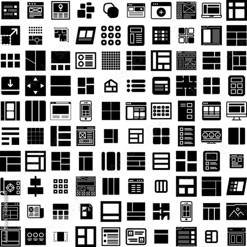 Collection Of 100 Layout Icons Set Isolated Solid Silhouette Icons Including Poster, Business, Concept, Design, Template, Graphic, Flyer Infographic Elements Vector Illustration Logo