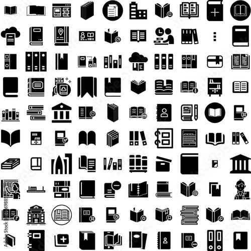 Collection Of 100 Library Icons Set Isolated Solid Silhouette Icons Including Knowledge, Education, Shelf, Study, Library, Book, Literature Infographic Elements Vector Illustration Logo