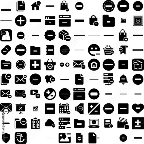 Collection Of 100 Minus Icons Set Isolated Solid Silhouette Icons Including Vector, Negative, Symbol, Minus, Plus, Sign, Icon Infographic Elements Vector Illustration Logo photo