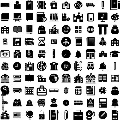 Collection Of 100 School Icons Set Isolated Solid Silhouette Icons Including Book, Education, Back, Study, Background, Student, School Infographic Elements Vector Illustration Logo