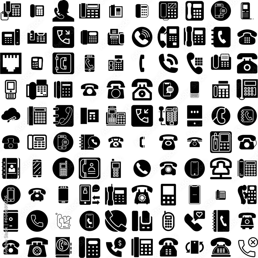 Collection Of 100 Telephone Icons Set Isolated Solid Silhouette Icons Including Business, Contact, Telephone, Call, Support, Phone, Communication Infographic Elements Vector Illustration Logo
