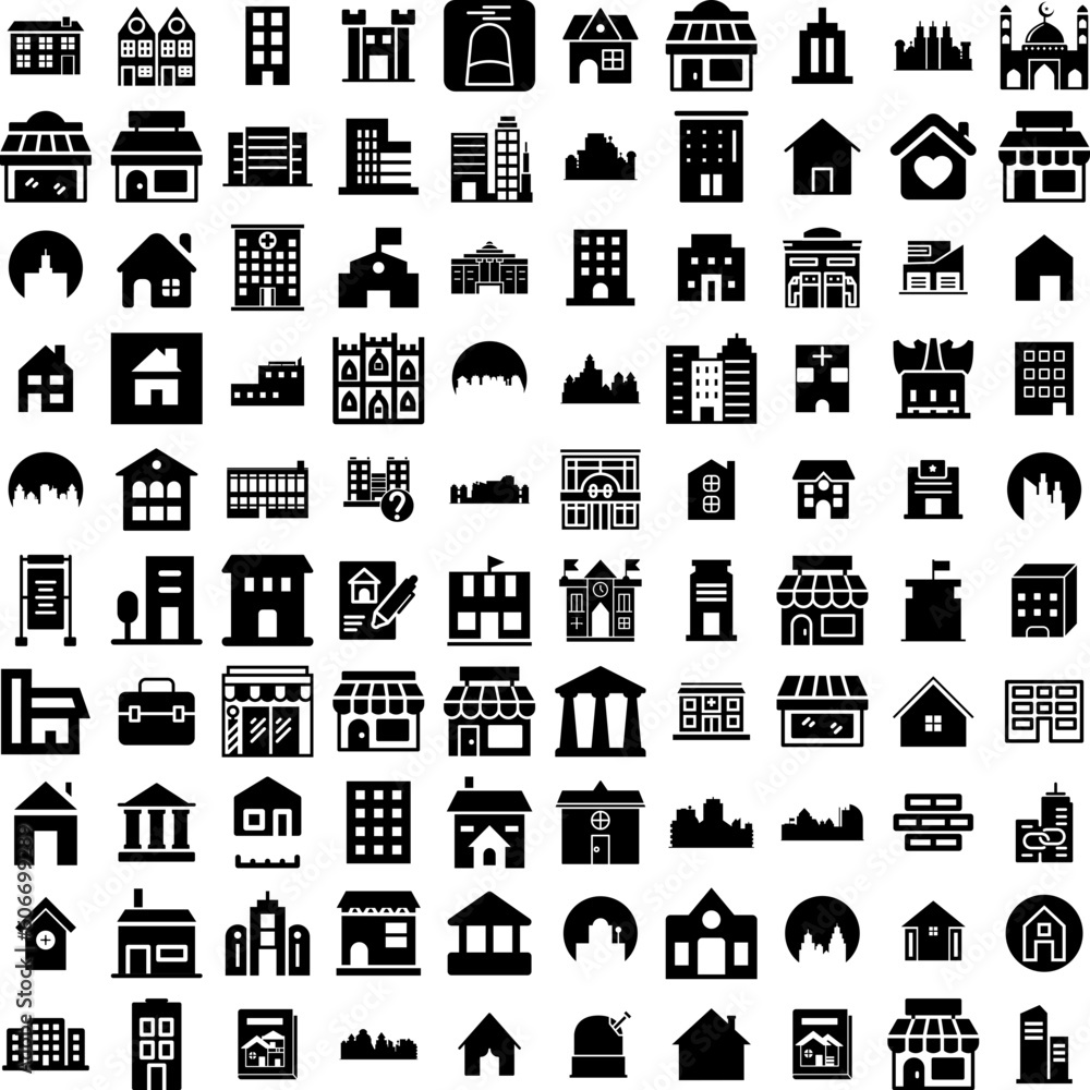 Collection Of 100 Building Icons Set Isolated Solid Silhouette Icons Including City, Business, Urban, Construction, Architecture, Office, Building Infographic Elements Vector Illustration Logo